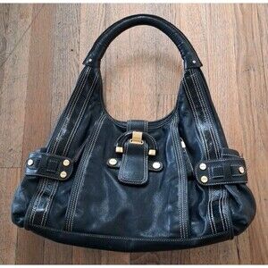 B. Makowsky Leather Hobo Bag purse Black Gold Hardware